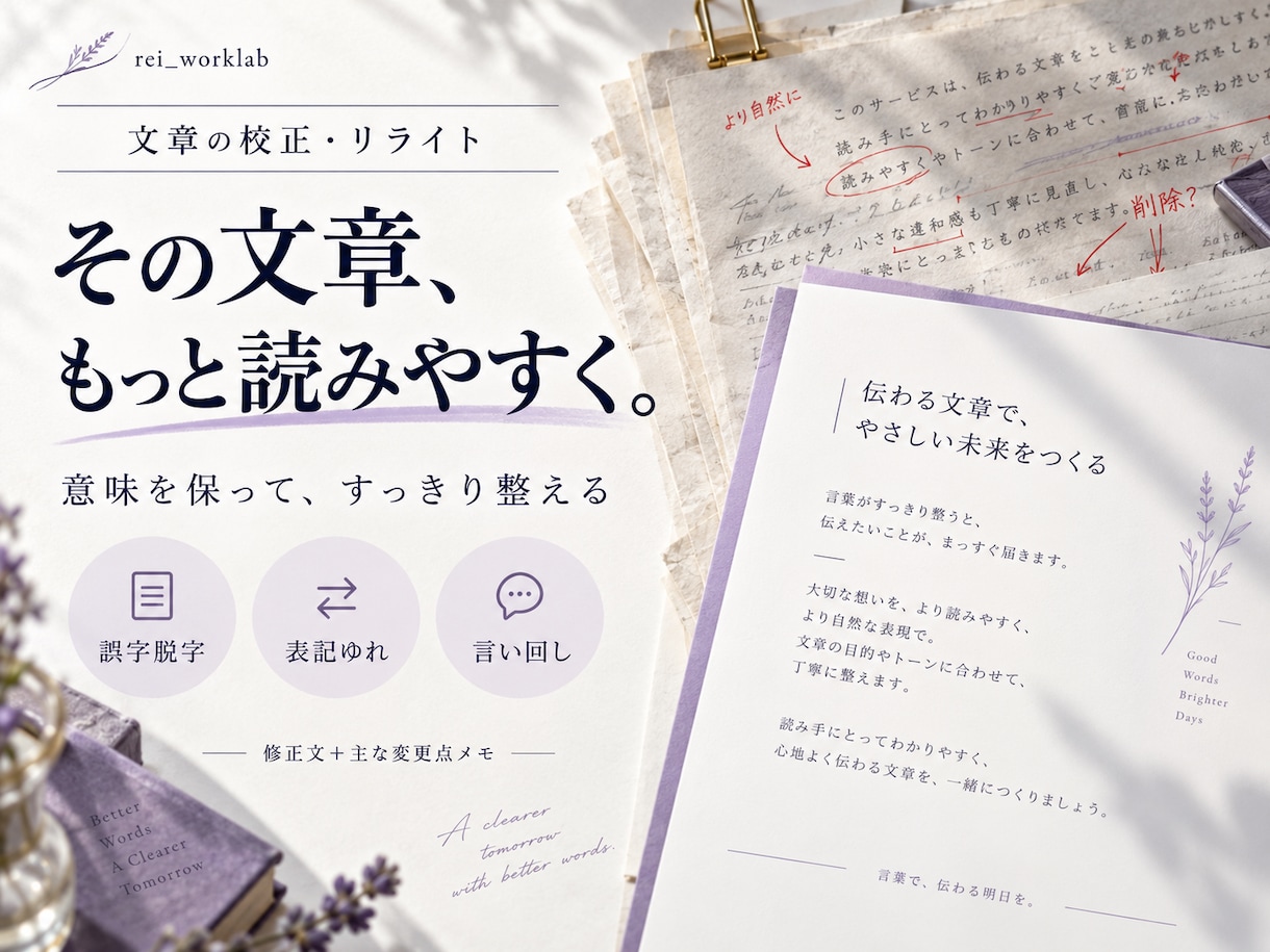 4000字まで文章を校正し読みやすく整えます 誤字・表記ゆれ・言い回しを整理、主な変更点メモ付き イメージ1