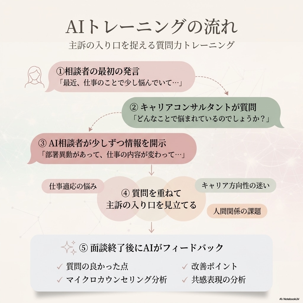 国キャリ実技面談｜質問力トレーニングAI提供します 面談序盤の質問力を鍛え主訴の方向性を見立てる練習ができます イメージ5