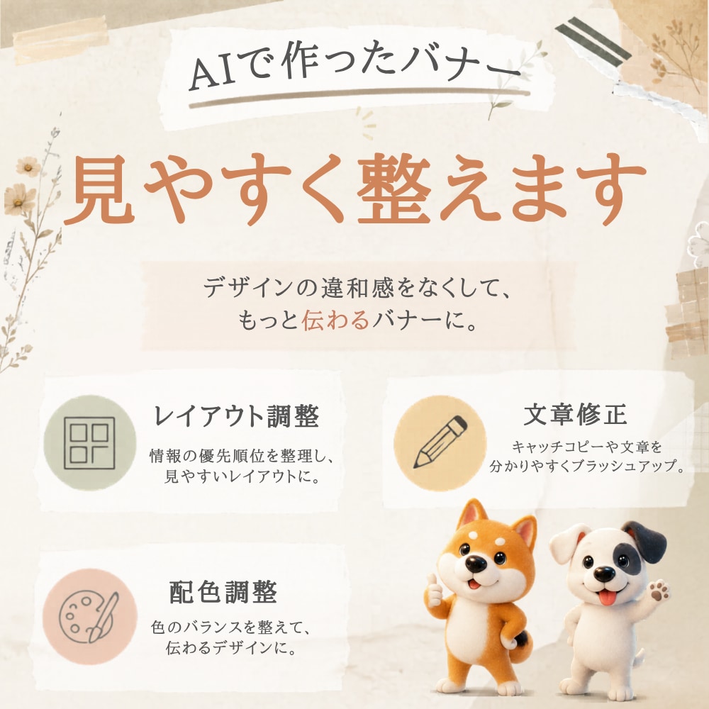 AIで作ったバナーをブラッシュアップ・改善します AIで作ったバナーを、見やすく伝わるデザインへ整えます イメージ1