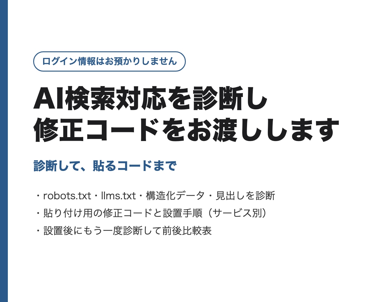 AI検索対応を診断し修正コードをお渡しします 診断して、貼るコードまで。ログイン情報はお預かりしません イメージ1