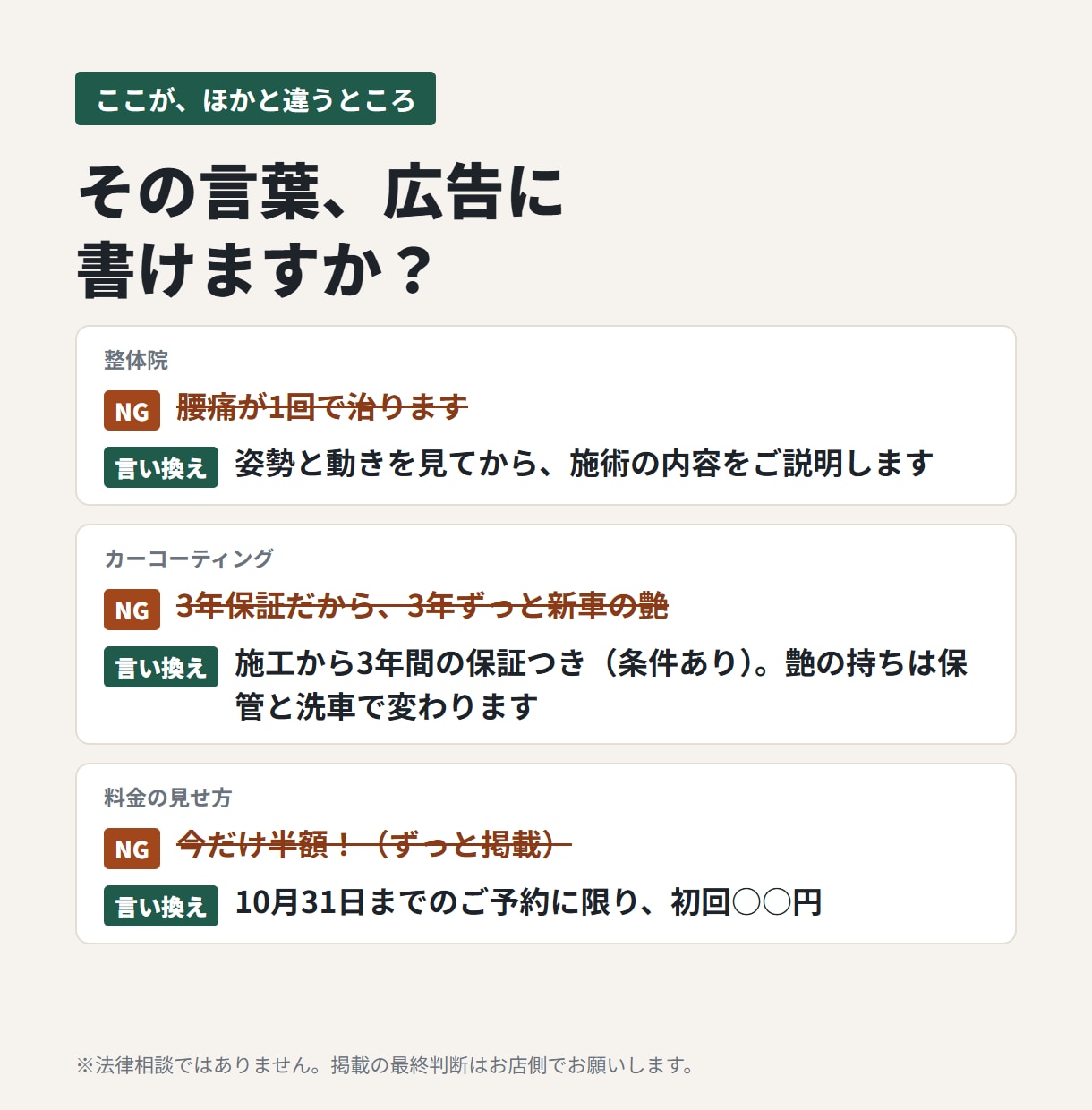 LP制作｜広告ルールに沿って公開します 書けない言葉を避けて、予約まで迷わない1枚に イメージ3