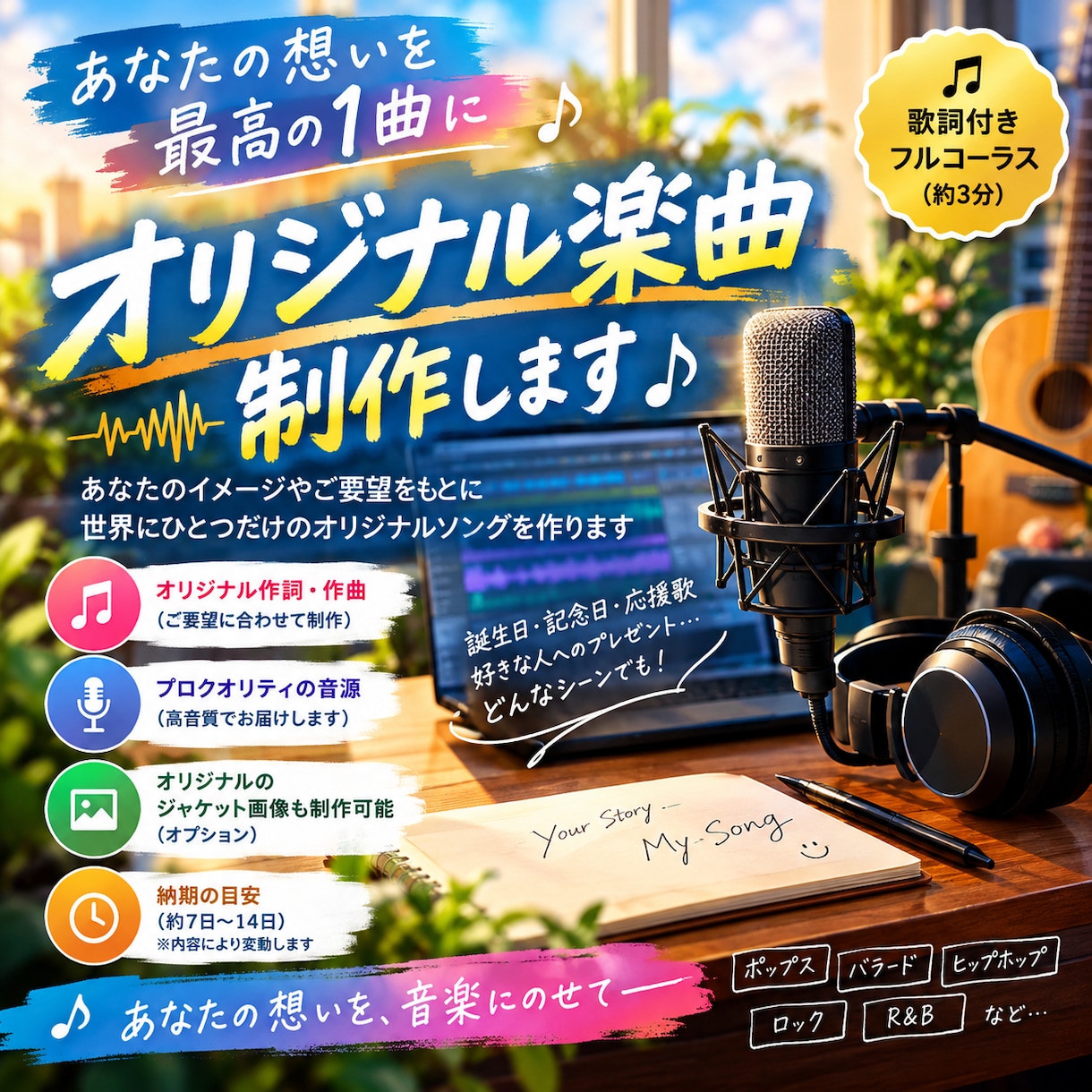 あなたの思い出から、世界1つだけの歌を作ります あなたの物語を世界に1つの歌にします イメージ1