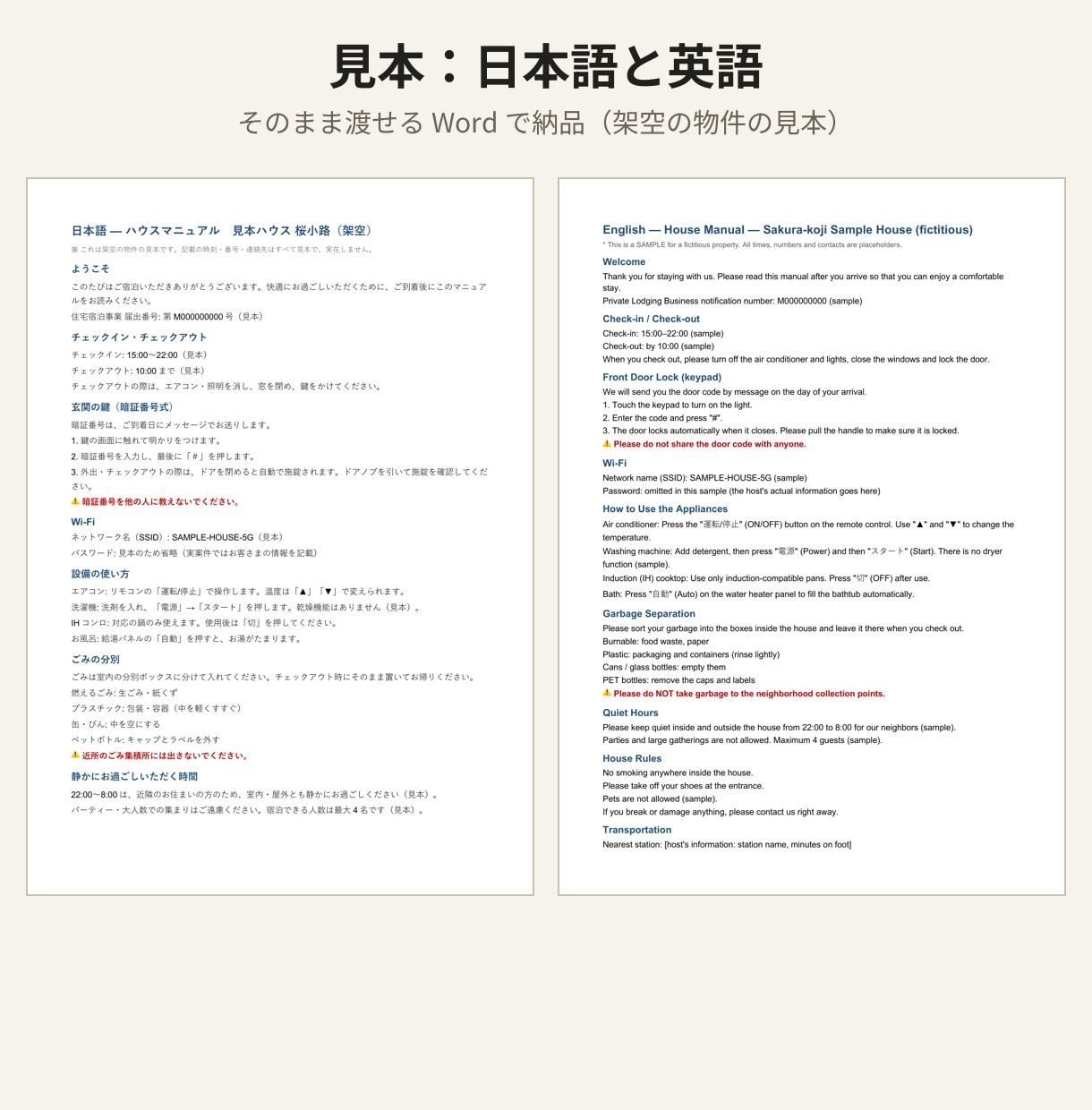 民泊のハウスマニュアルを英語・多言語で作成します 英中韓の翻訳込み・Wordで編集可・確認リスト付き イメージ2