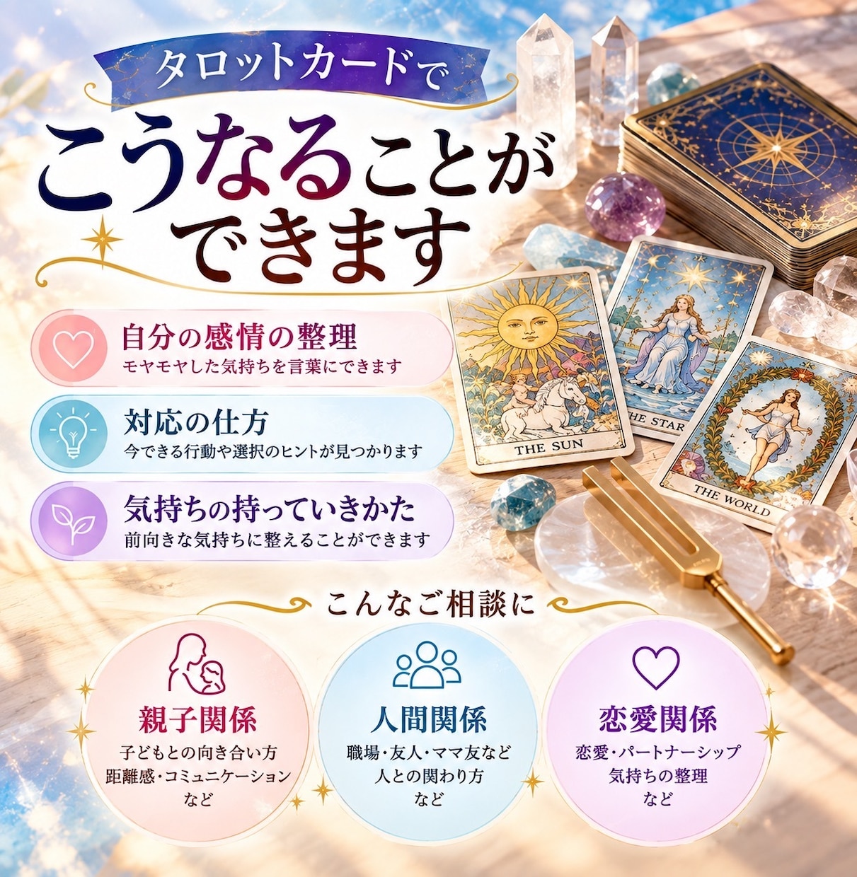 タロットで悩みを整理し向き合い方を探します 気持ちを整理して、自分らしい一歩を見つけます イメージ1