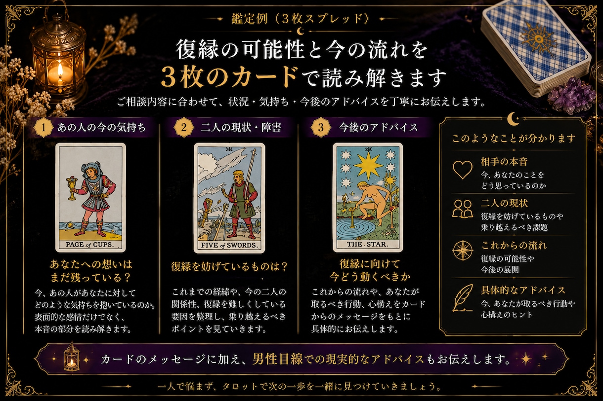 復縁の可能性と今すべきことをタロットで読み解きます 復縁の可能性と今どう動くべきか、男性目線も交えて鑑定 イメージ2