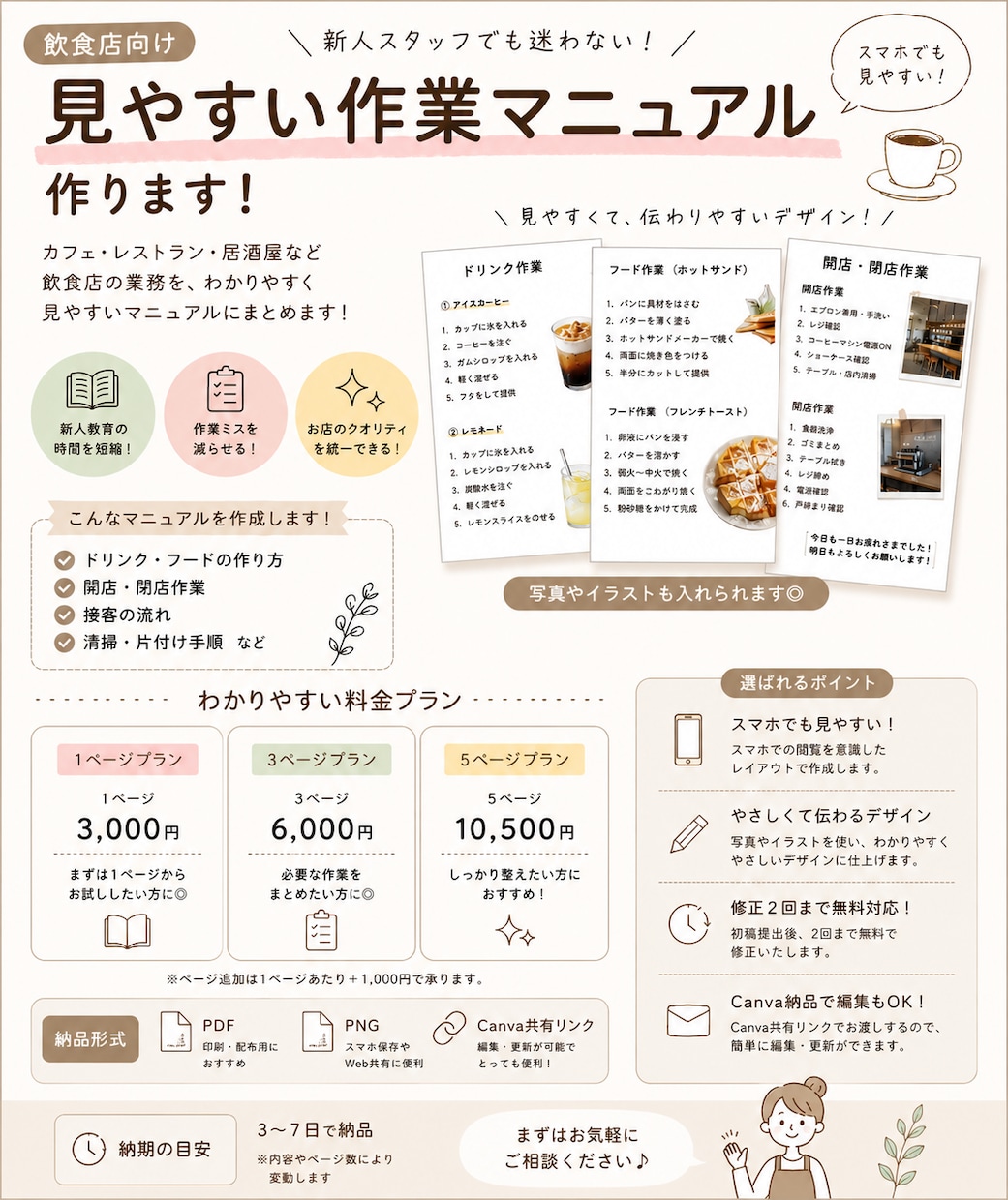 飲食店向け｜見やすい作業マニュアル作ります 新人スタッフでも見やすい、やさしい店舗マニュアルを制作します イメージ1