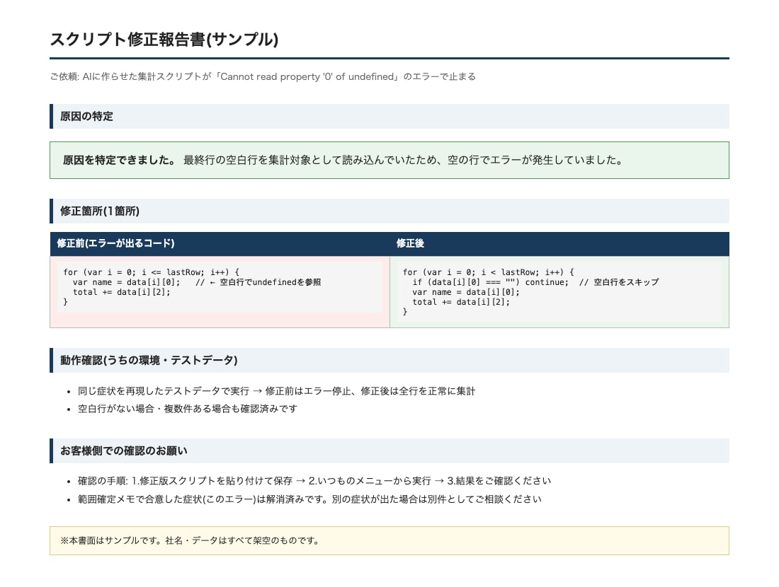 動かないGASやAIが書いたスクリプトを直します 原因特定を文書で報告・直せるものだけ直します イメージ1
