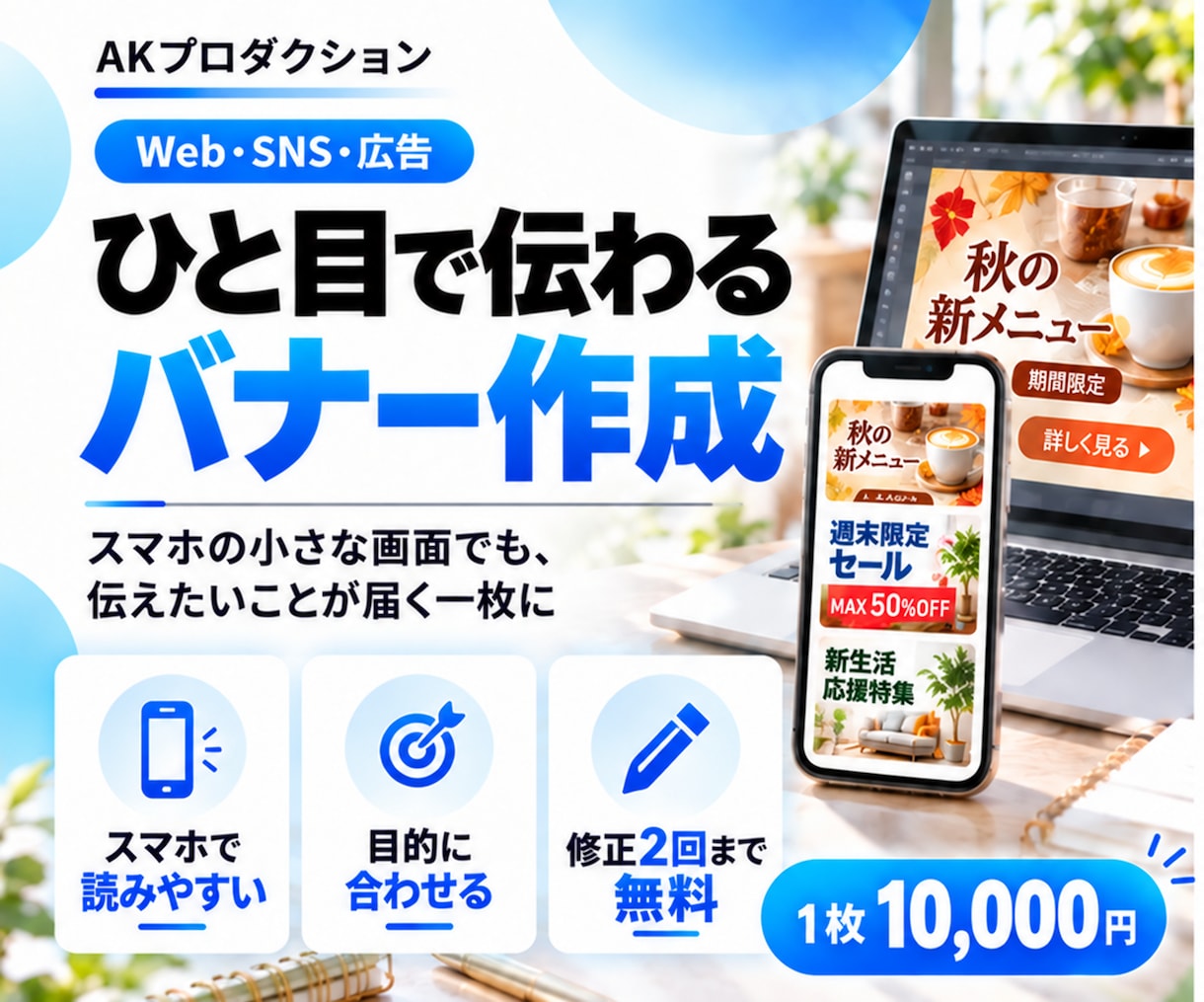 クリックにつながる集客バナーをデザインします ひと目で伝わる言葉と配置で、クリックにつなげます イメージ1