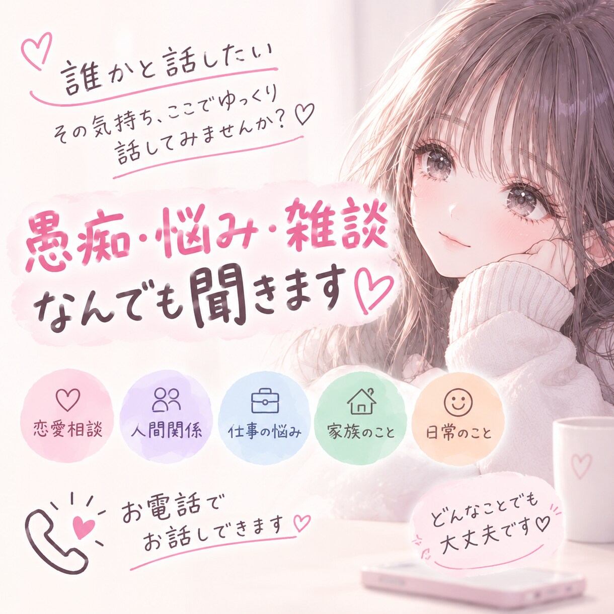 誰かと話したいあなたへ♡愚痴・雑談なんでも聞きます 「誰かに話したい」その気持ち、ここでゆっくり話しませんか？ イメージ1