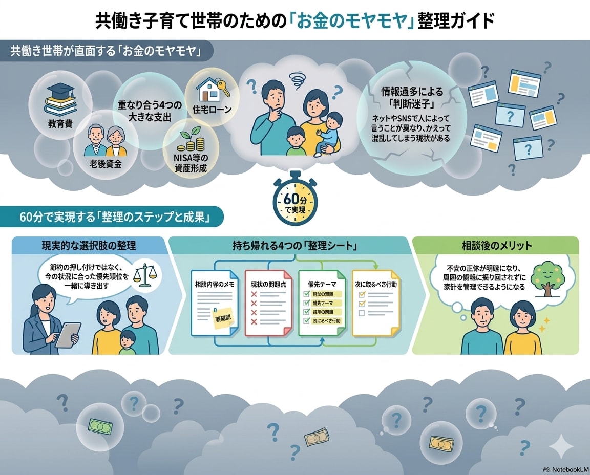 共働き子育て世帯の家計の不安を整理します FP1級が60分の相談を通して、家計の悩みを見える化します！ イメージ6