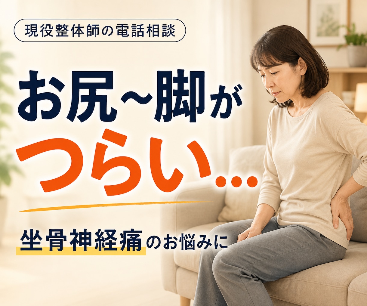 現役整体師が坐骨神経のお悩みを電話でサポートします お尻〜脚の痛み・しびれがつらい方へ。セルフケアを一緒に整理 イメージ1