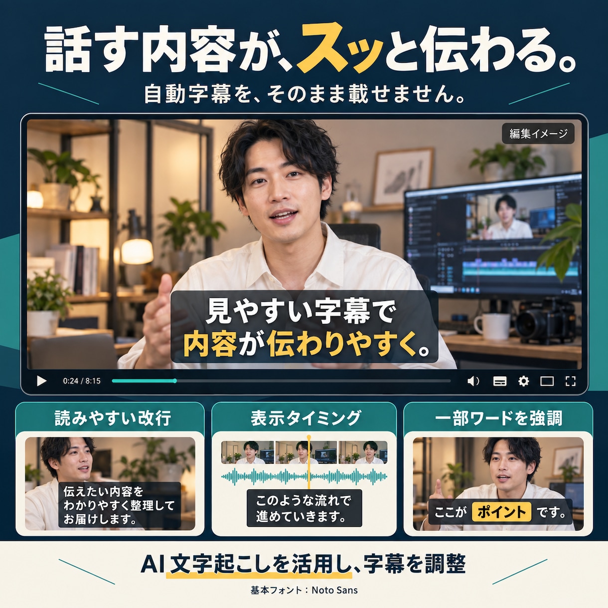 YouTubeのカット・テロップ編集を代行します 派手すぎない、でも見やすい。カット・字幕・BGM・SE対応 イメージ3