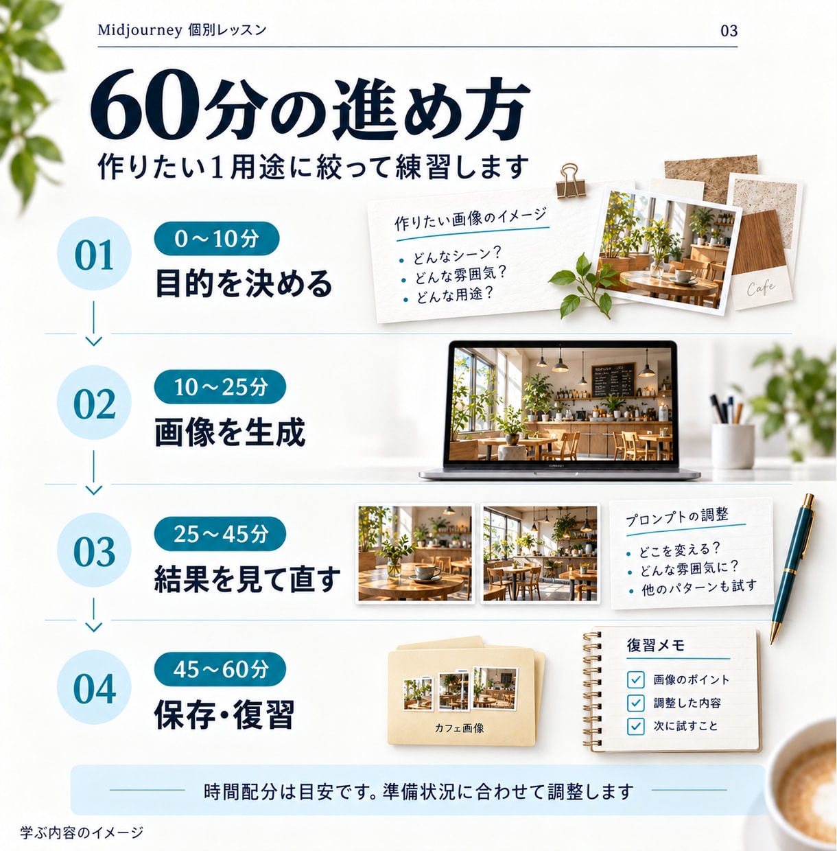 Midjourneyを60分で個別に教えます 作る・直す・保存する｜指示文と復習メモ付き イメージ3