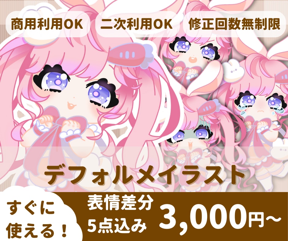 デフォルメキャラ表情差分5点セットかきます 魅力的な商用利用OKですぐに使えるSDキャラ描きます！ イメージ1