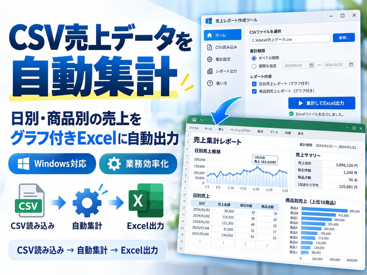 CSVの売上データを自動集計するツールを作ります 日別・商品別の売上をExcelで自動レポート化 イメージ1