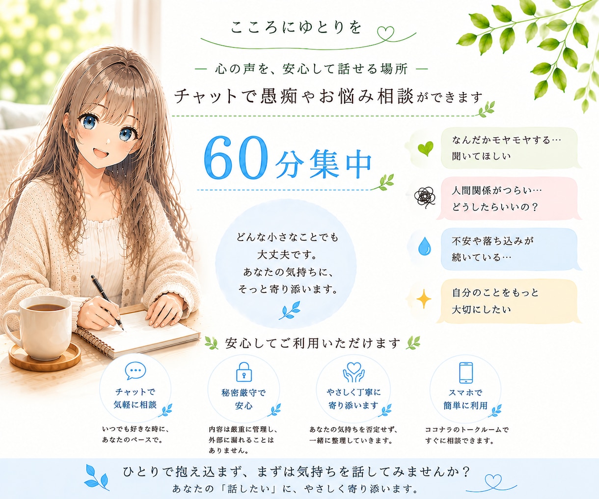 60分集中チャットでお話聞きます 私とチャットして心にゆとりを作りましょう! イメージ1