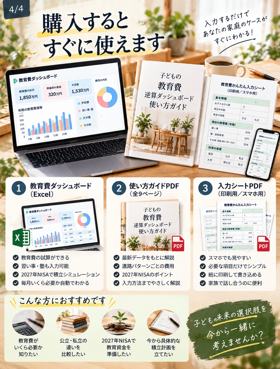 子どもの教育費を逆算して見える化します 習い事・大学費用・2027年NISAまでまとめて試算できます イメージ4