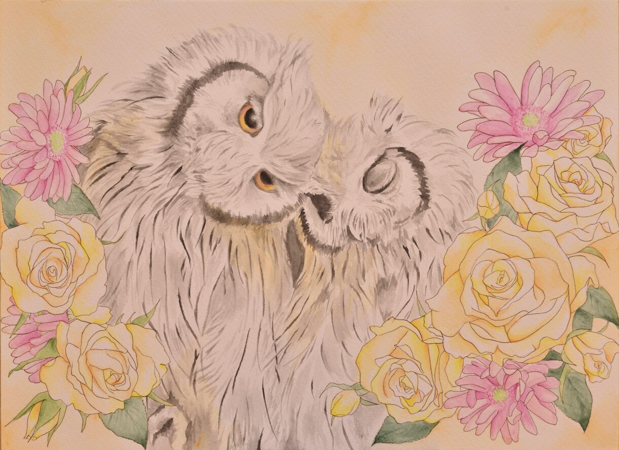 世界で一枚「ペットの似顔絵とお花」をお描きします 写真を元に、水彩でお好きな生き物と植物の絵を描きます。 イメージ1