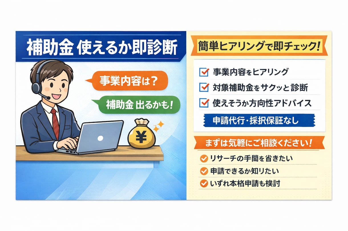 補助金、使えるか即診断します 事業内容をヒアリングし、 補助金が使える可能性を診断します。 イメージ1