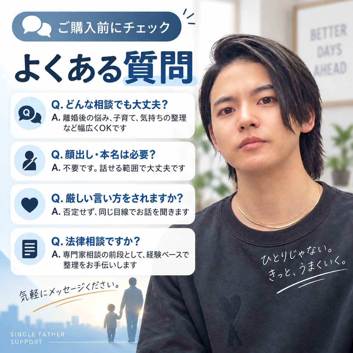 現役シンパパが離婚で悩んでいる方の相談を受けます 離婚を経験したシンパパがリアルな経験をもとにお話を聞きます イメージ4