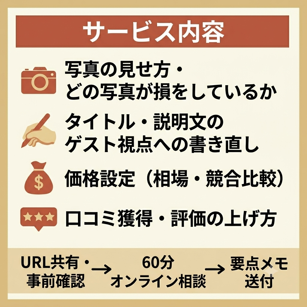 民泊OTA改善オンライン相談60分承ります ー話しながら今週動ける改善策を一緒に決める イメージ2