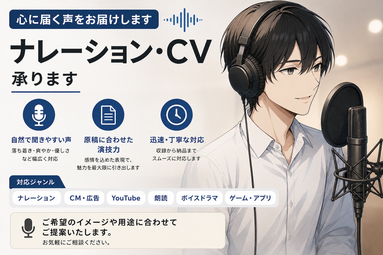 落ち着いた高品質な男性声をお届けします 実況やナレーション、ラジオ、声優経験等あります個人活動家です イメージ1