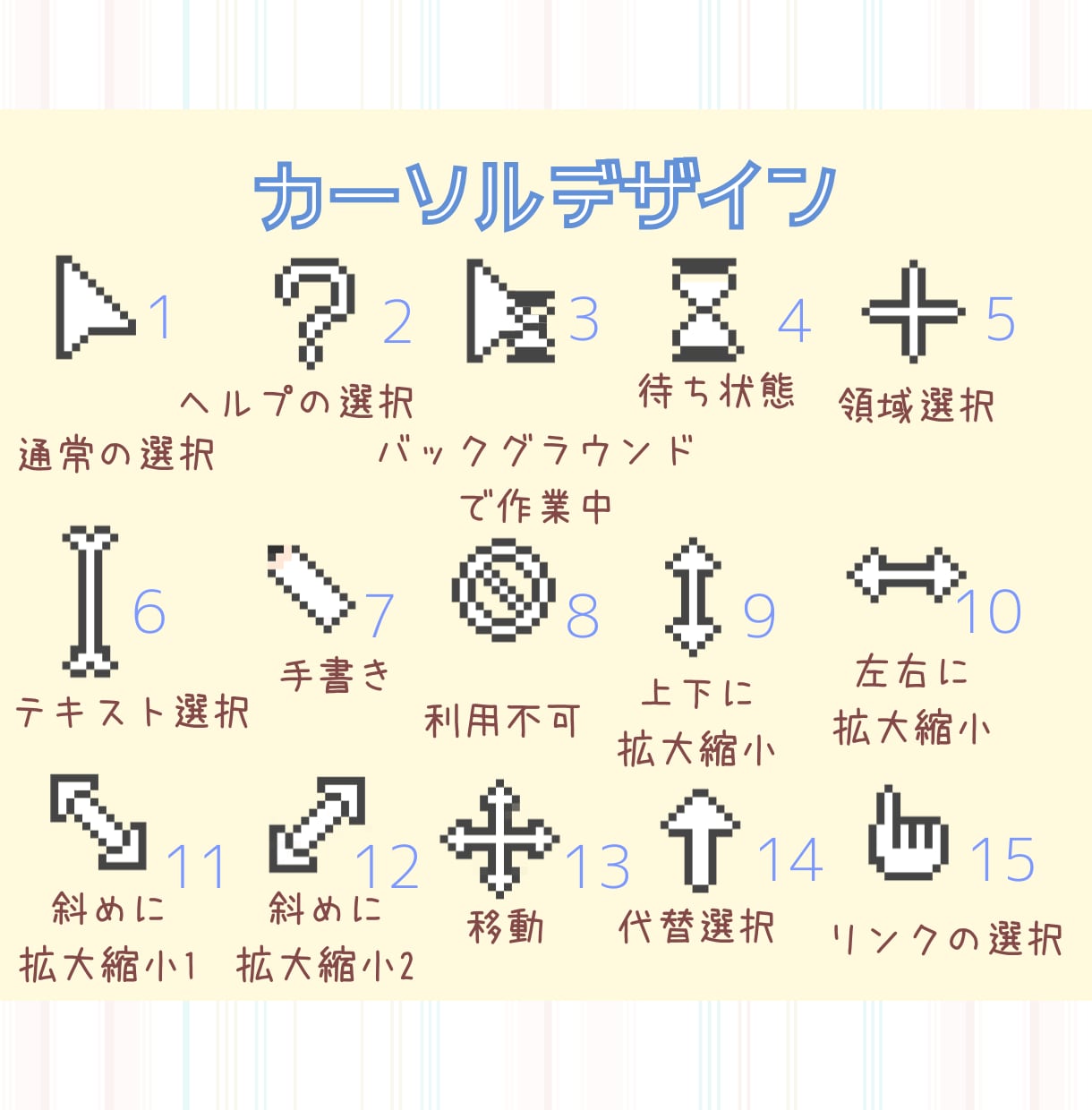販売もOK！マウスカーソル制作します 15点セット　配信やグッズにも使えるドット絵マウスカーソル！ イメージ7