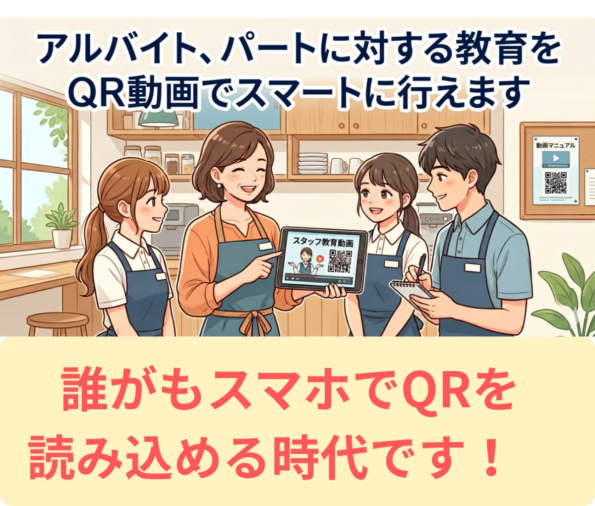 アルバイト、パートへ　QR動画がやり方教えます QRコードを自動生成ライブラリー化一瞬で検索・印刷できます。 イメージ1