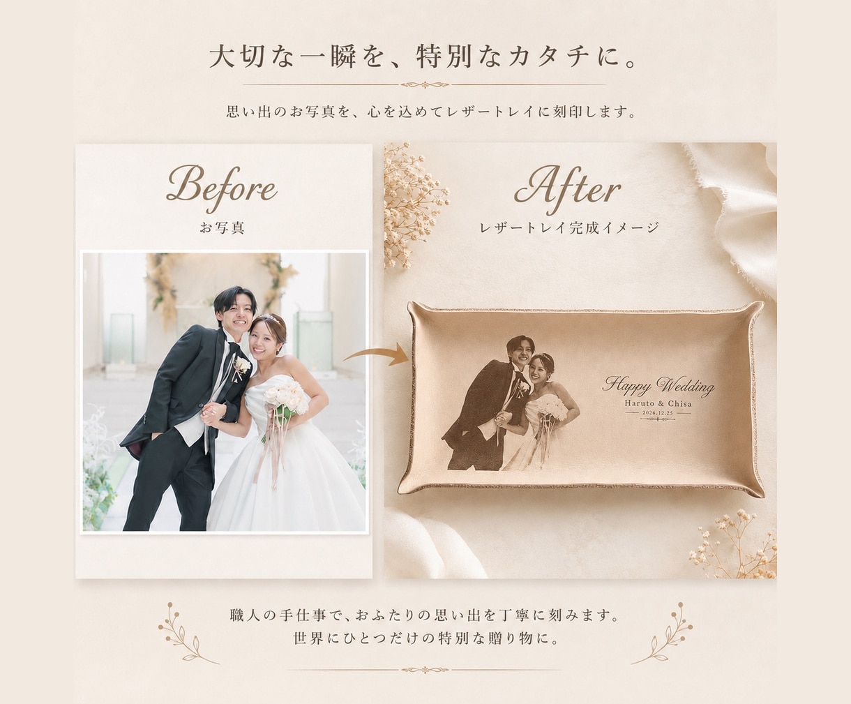結婚祝い 写真入りレザートレイ作ります 結婚式後のプレゼント・両親贈呈品　ウェディングギフト イメージ4