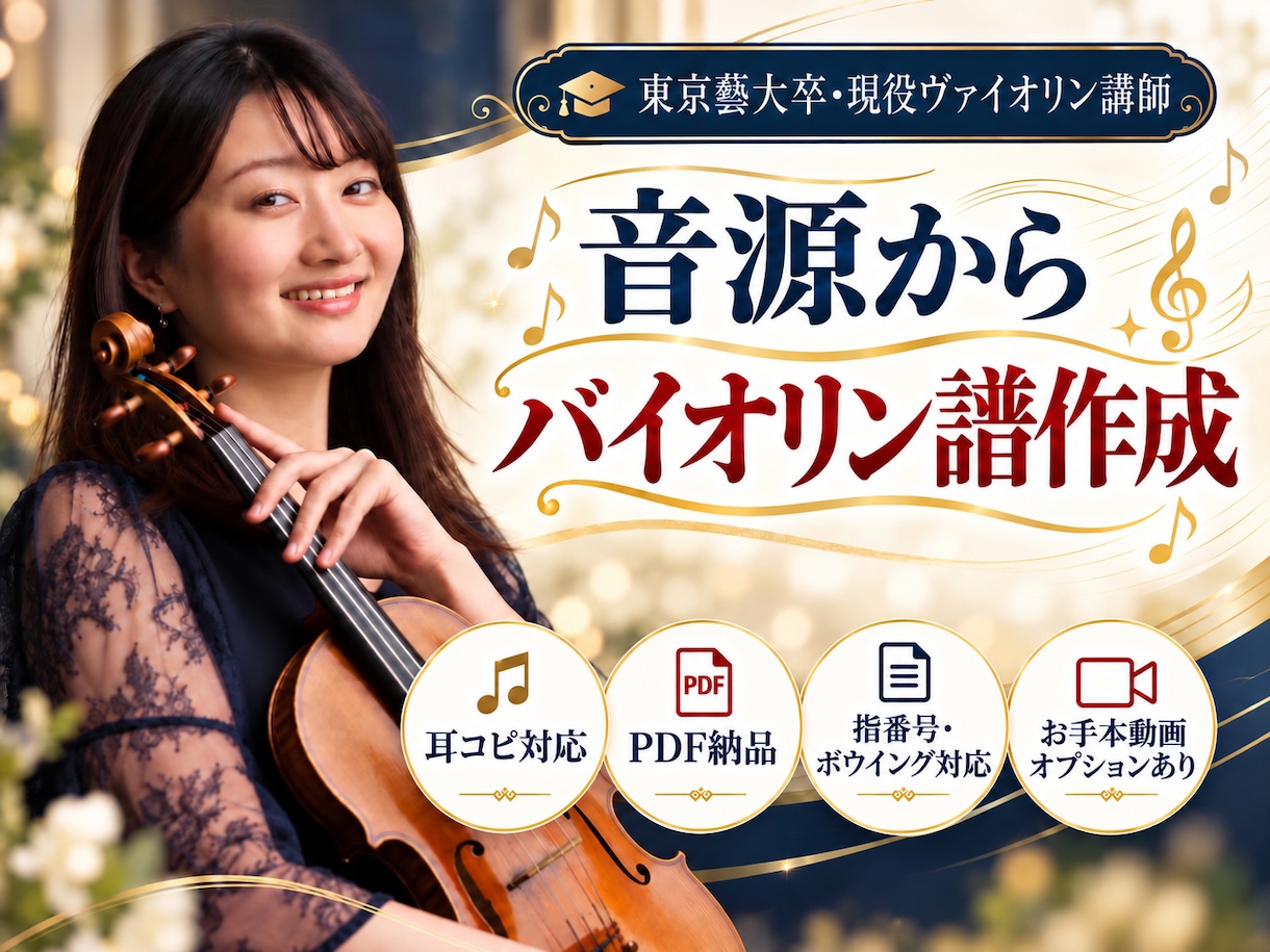 音源を元に、耳コピでバイオリン譜を作成します 東京藝大卒ヴァイオリン奏者・講師がオリジナル譜を作成します！ イメージ1