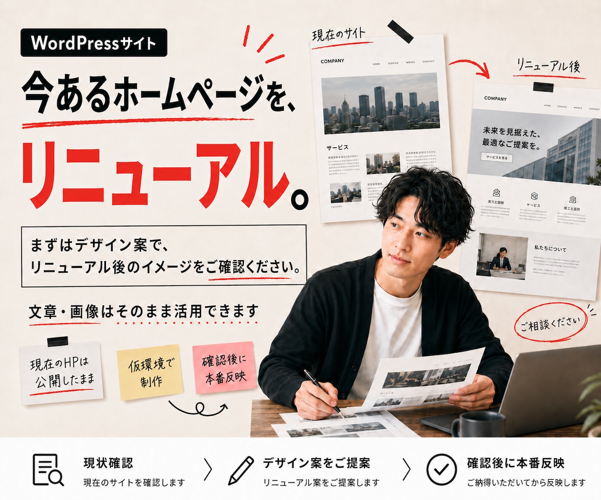 WordPressホームページをリニューアルします 既存の文章と画像を活かしてデザインと構成を再構築します イメージ1