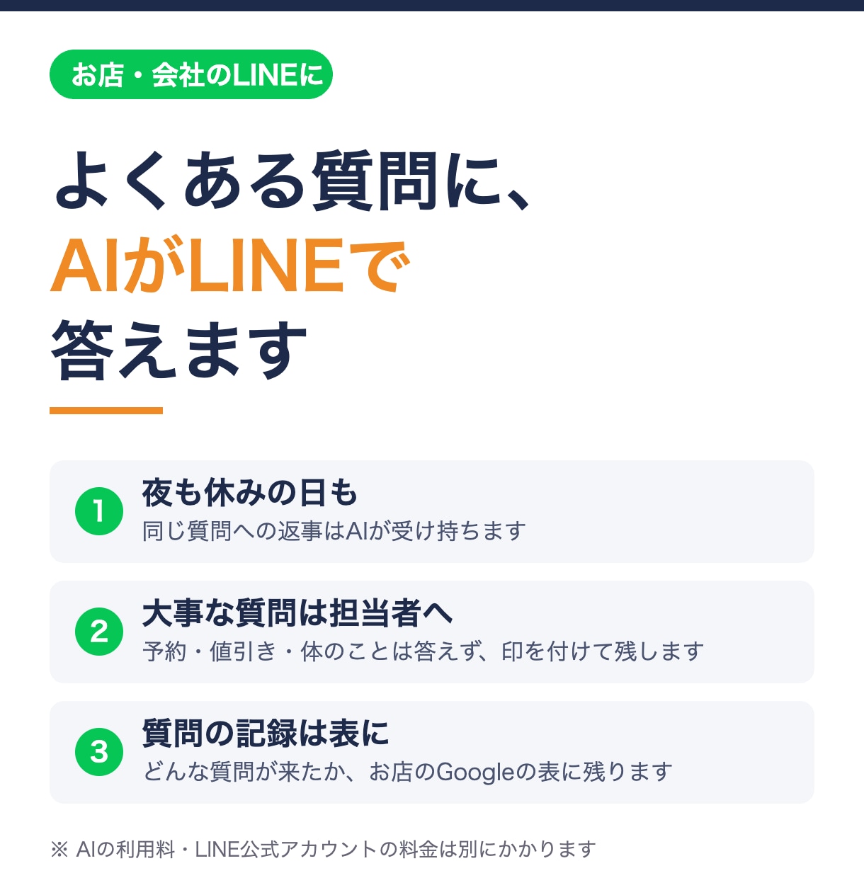 よくある質問にAIがLINEで答える形を作ります 同じ質問への返事を、夜も休みもAIが受け持ちます イメージ1