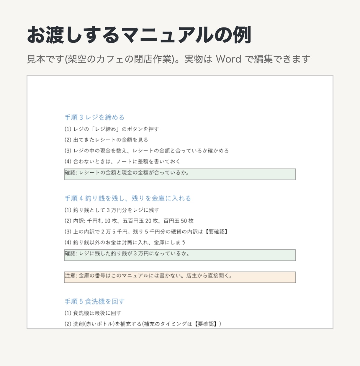 メモや録音から新人向けの業務マニュアルを作ります Wordで編集可・確認事項リスト付き・税込5,000円 イメージ2