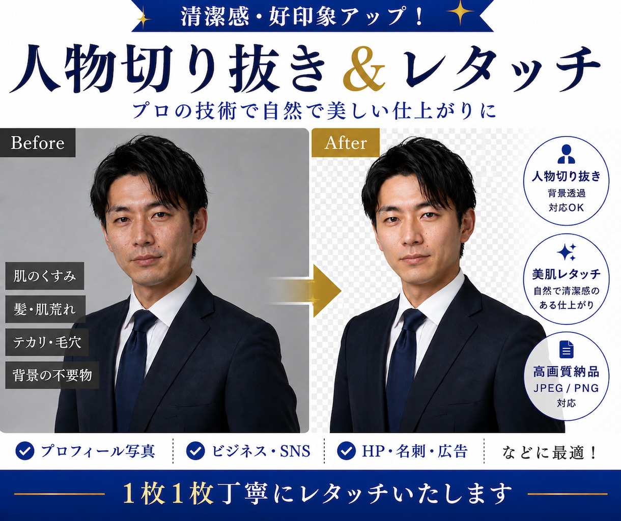 人物切り抜き・背景透過・美肌レタッチします SNS・ビジネス写真を丁寧に高品質加工 イメージ1