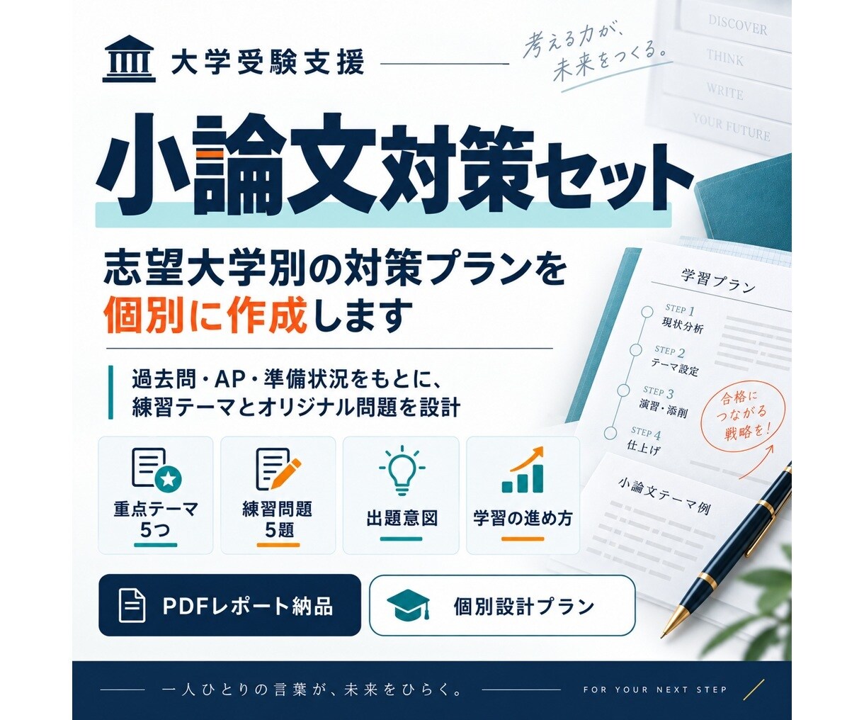 志望大学別の小論文対策プランを作成します 過去問・APを確認し練習テーマと問題5題を個別作成 イメージ1