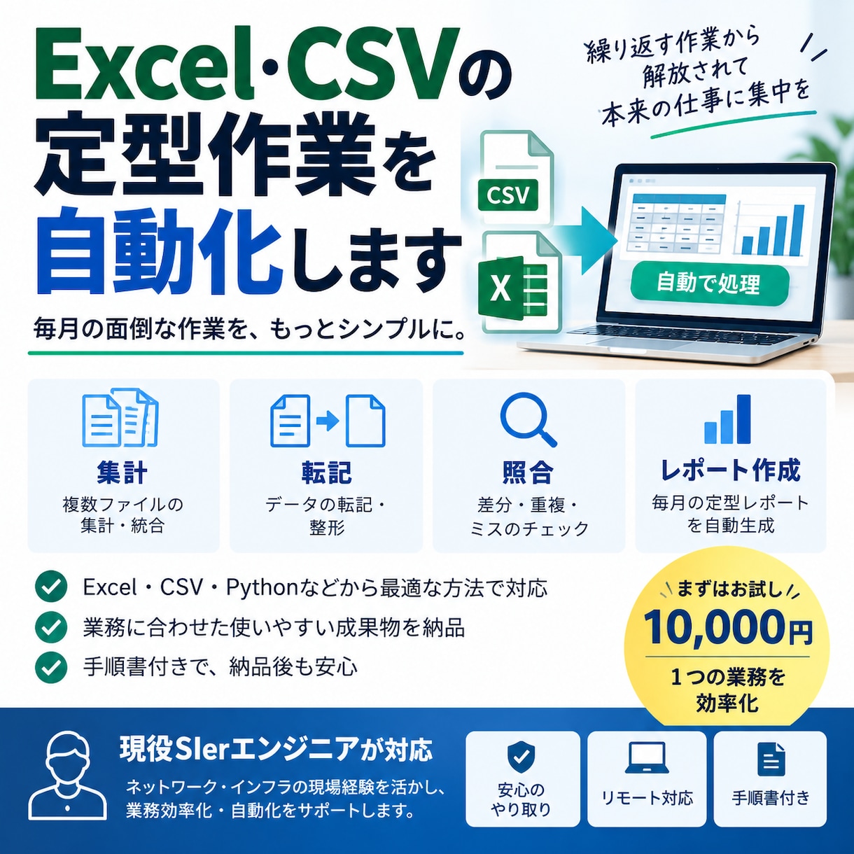 Excel・CSVの定型作業を自動化します 毎月の集計・転記・照合作業を効率化します イメージ1