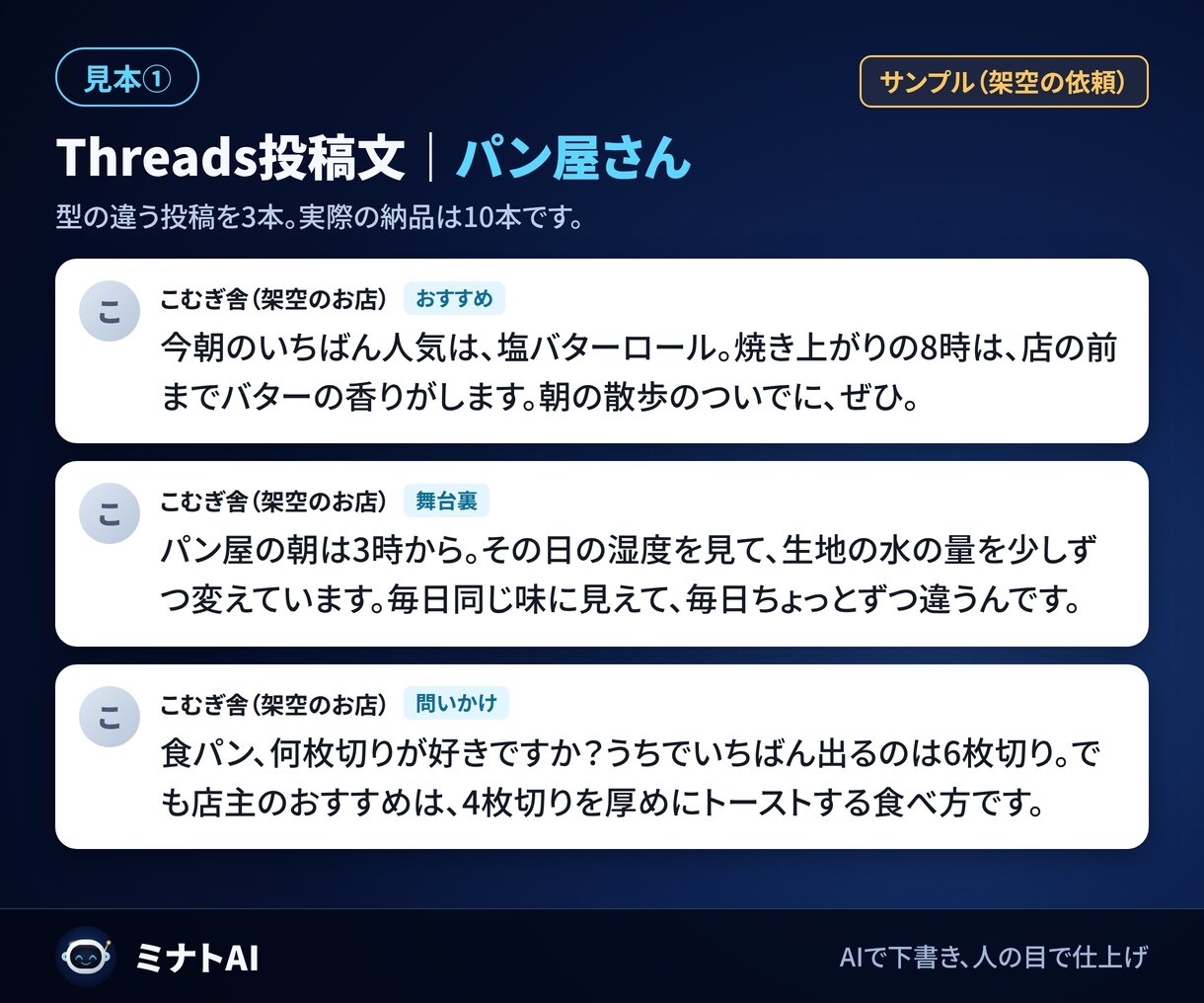 Threadsの投稿文をAIで10本作ります 毎日のネタ切れを解消！あなたの口調に合わせます イメージ2