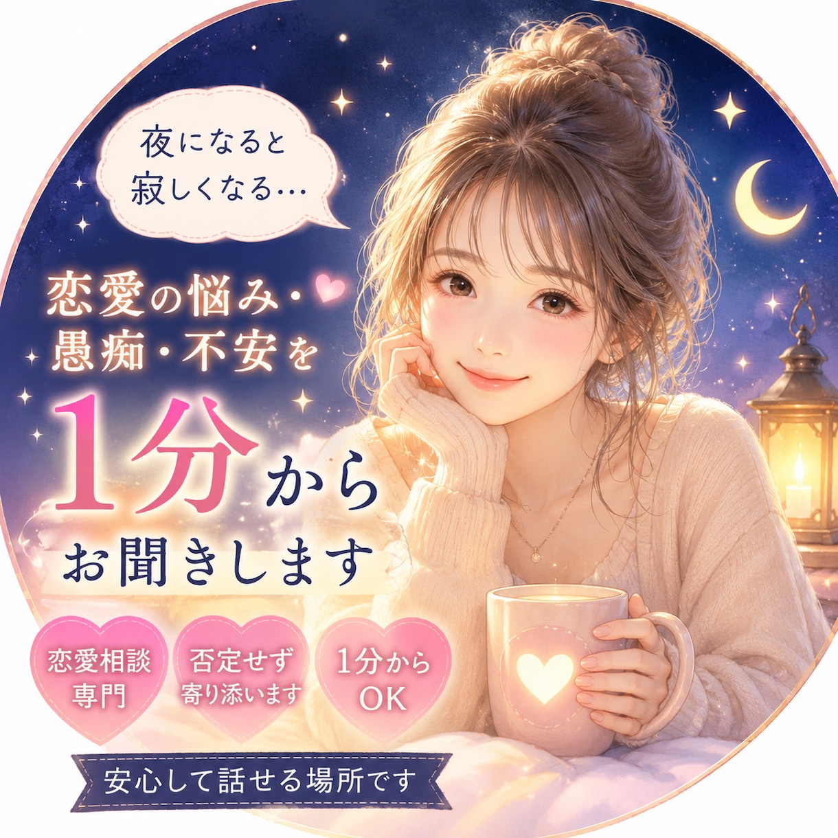 夜になると寂しい、我慢しないであなたの話し聞きます 1分から話し聞きます、恋愛専門、誰かの声聞きたい夜は… イメージ1
