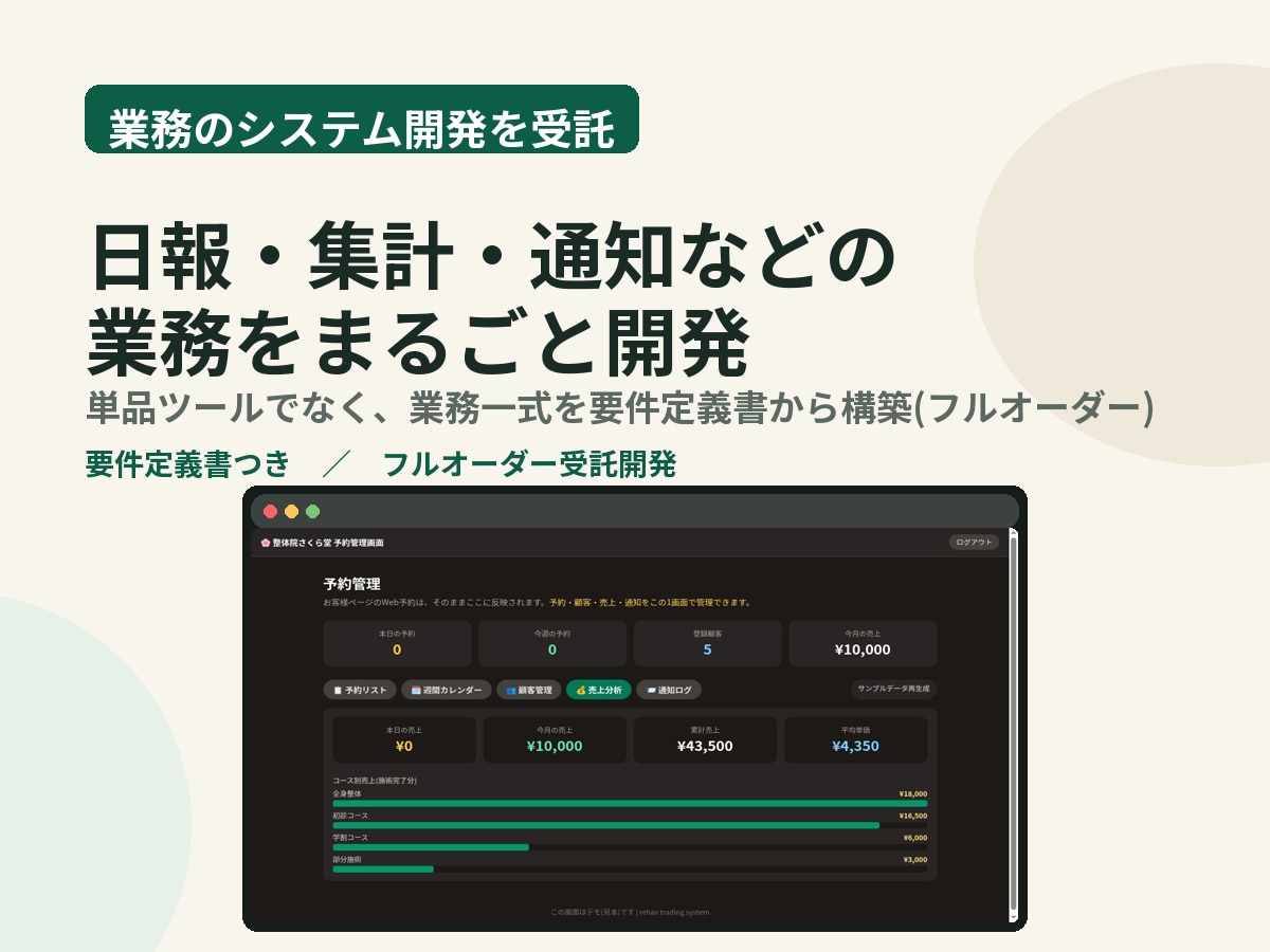 あなたの業務をまるごとシステム開発します 単品ツールでなく、業務一式をまるごと開発します イメージ1