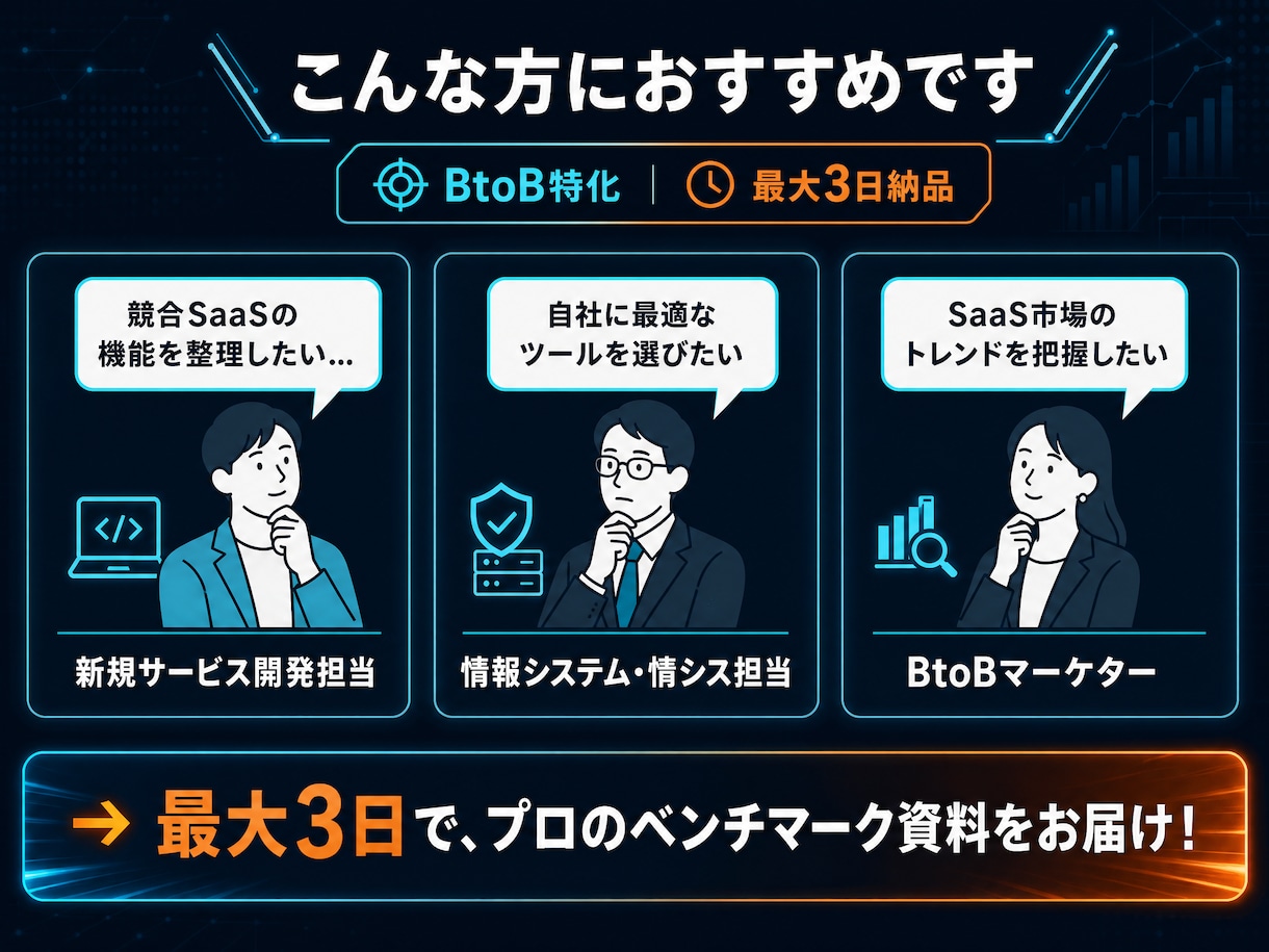 SaaS・ITツールのベンチマーク調査しますます BtoB特化！市場動向＆最大5社の機能比較マトリクスを作成。 イメージ3