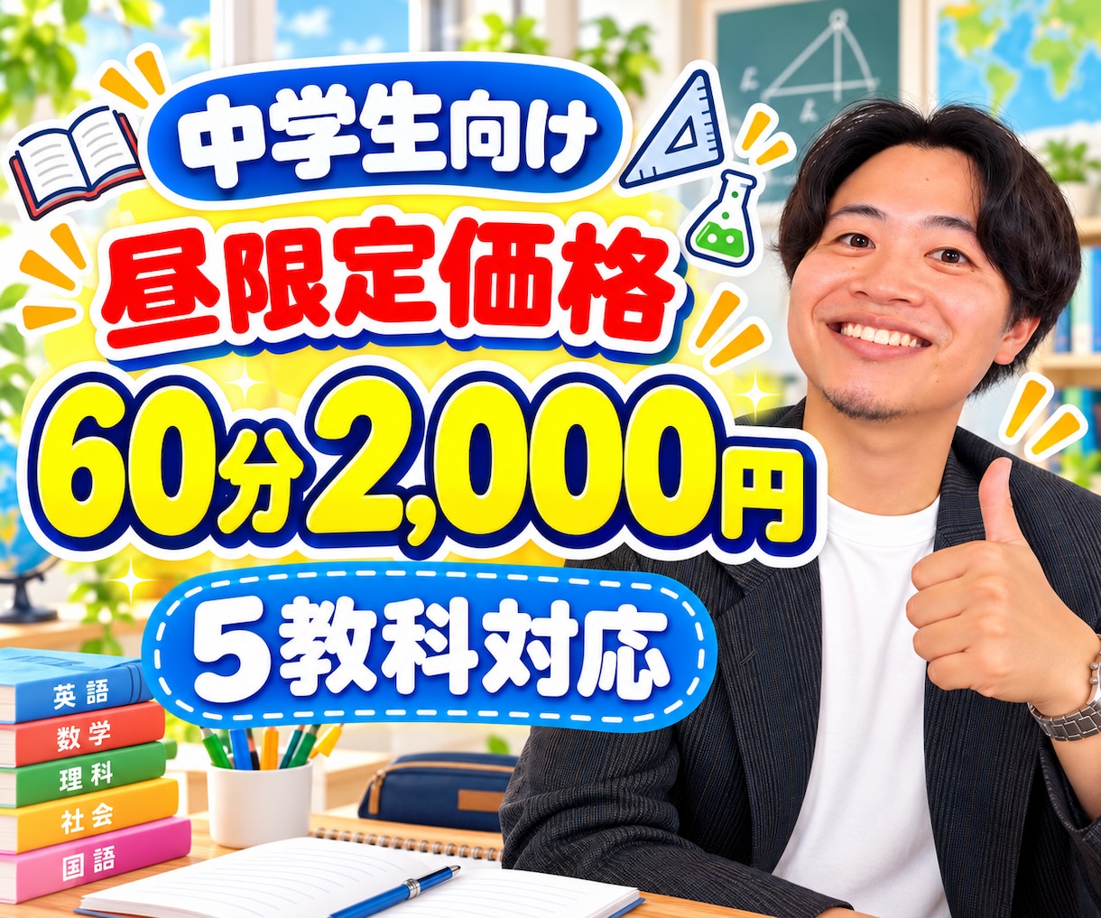 昼限定価格！中学生！5教科！オンライン家庭教師ます ８:00~17:00！土日も！数学、英語、理科、社会、国語 イメージ1
