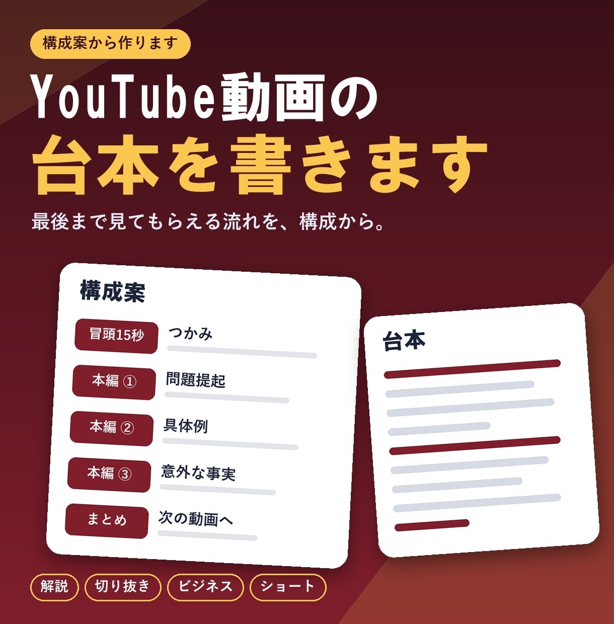 YouTube動画の構成と台本を書きます 最後まで見てもらえる流れを、構成から作ります イメージ1