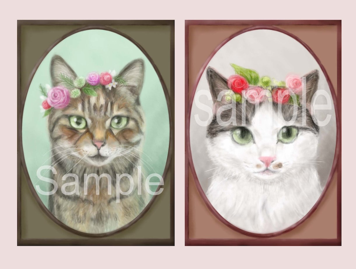 花冠で飾った愛猫さんのイラスト描きます フレームが描いてある、ふんわり可愛い肖像画風イラスト イメージ3