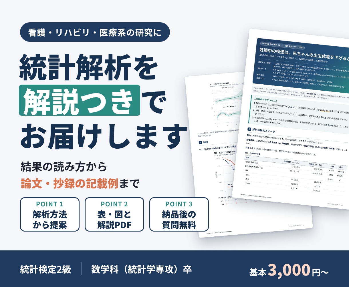 医療・看護研究の統計解析を解説付きで行います 結果の読み方・論文記載例つき｜初心者の方も安心 イメージ1