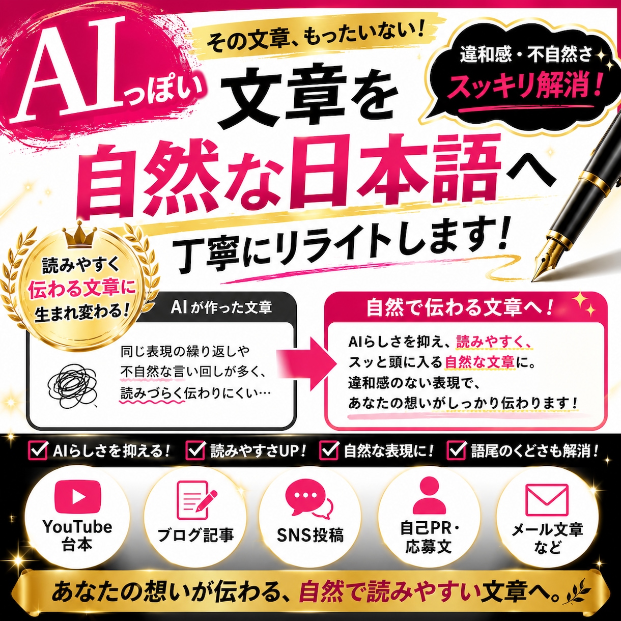 AI文章を自然な日本語へ整えます AIらしさを抑え読みやすい自然な文章へ イメージ1