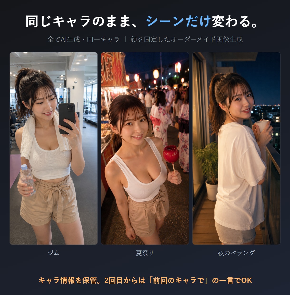 同じキャラのAI画像を高品質で生成します 顔はそのまま、服・シーン・ポーズ自由。キャラ保管で追加もOK イメージ1