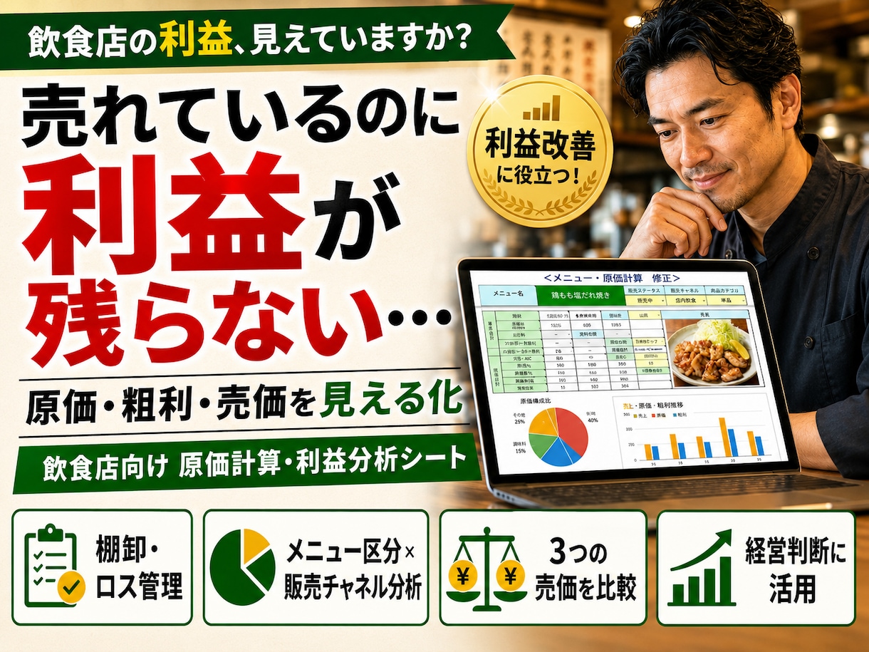 飲食店の原価計算▶モニター価格で利用できます 先着20名様限定　サービス改善キャンペーン！ イメージ1