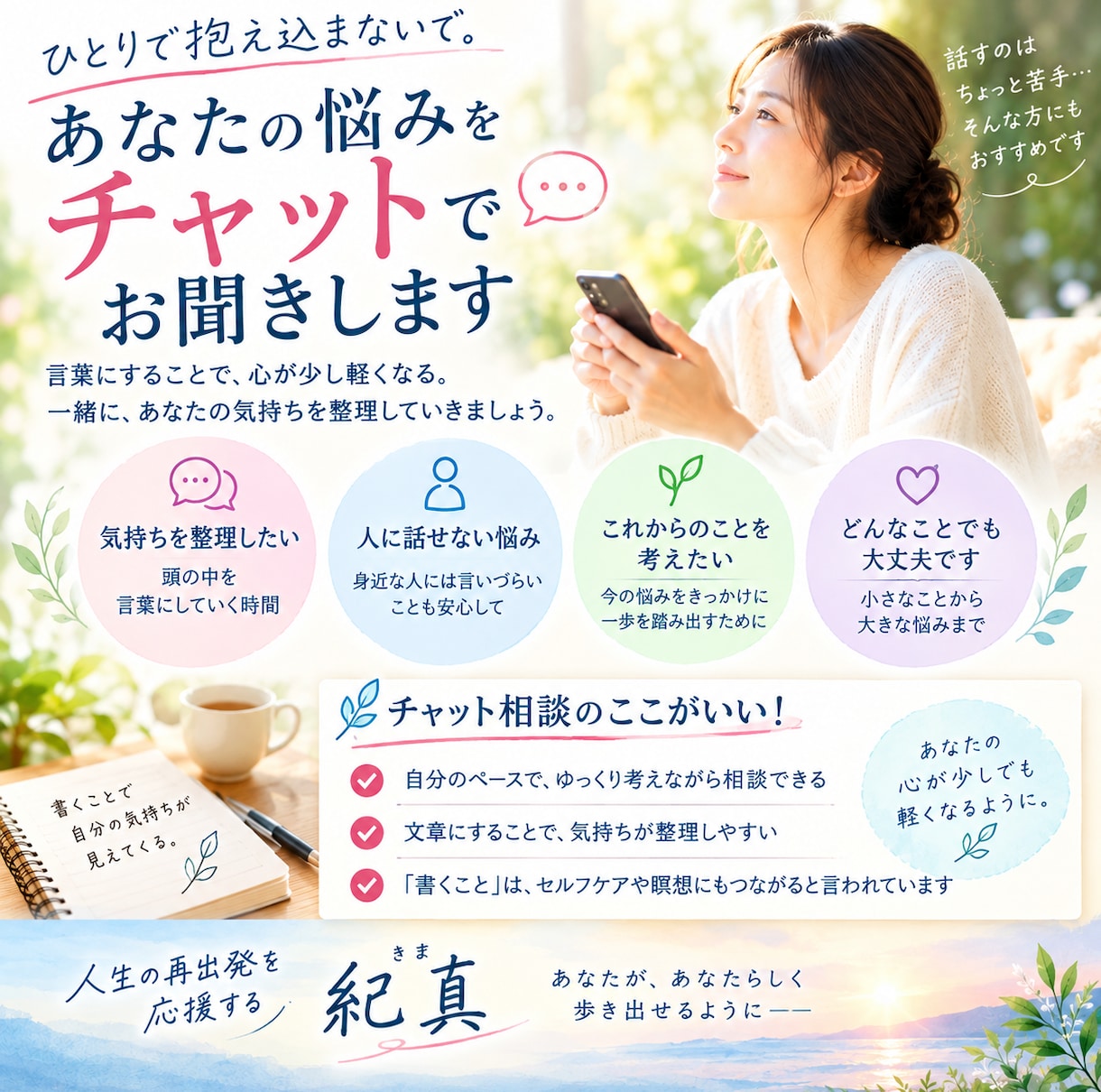 文字にすることで、お悩みの整理をお手伝いします 誰かに話すのは少し苦手だけれど、自分の気持ちを整理したい方へ イメージ1