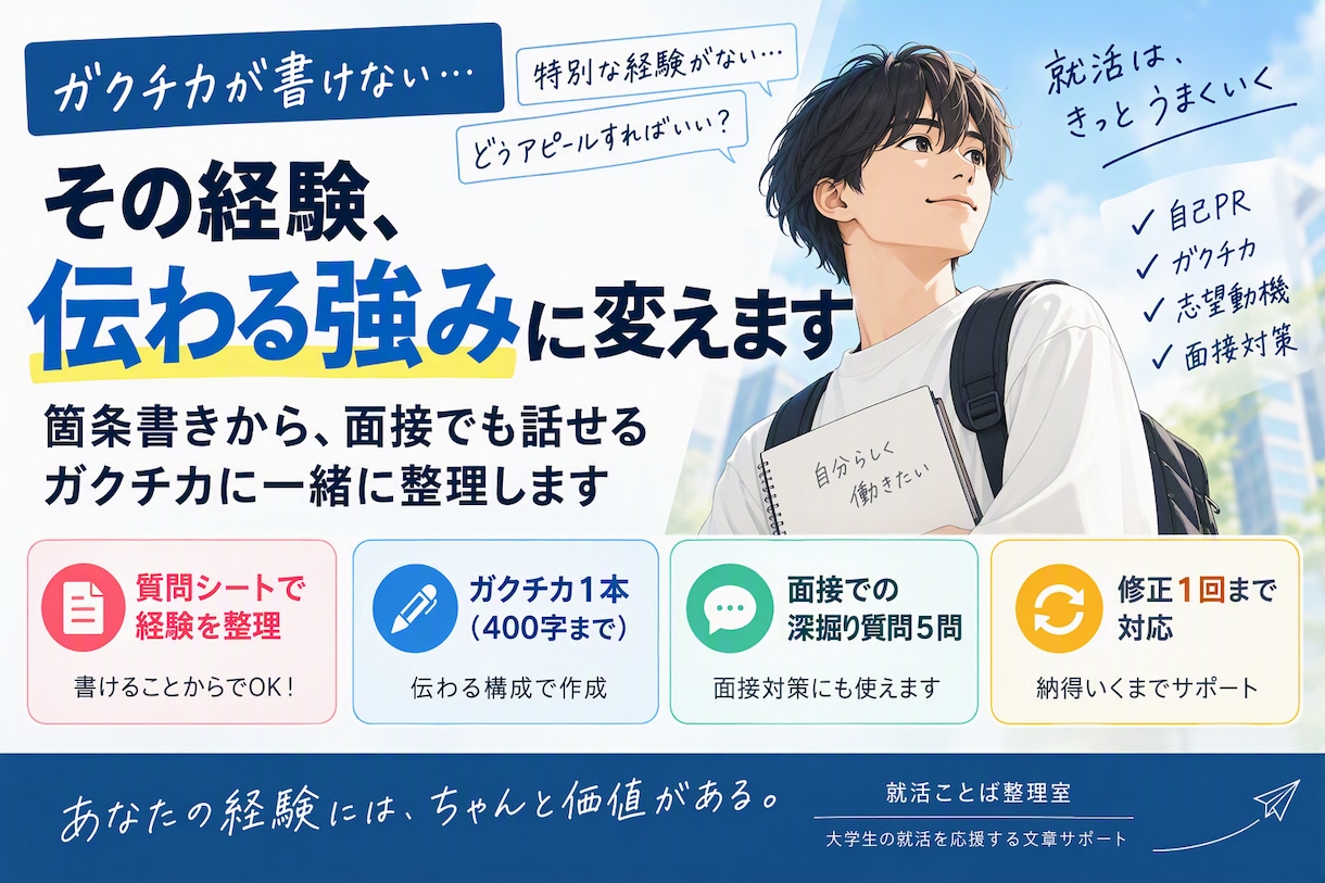 質問からガクチカを一緒に整理します 箇条書きから面接でも話せる文章に整えます イメージ1