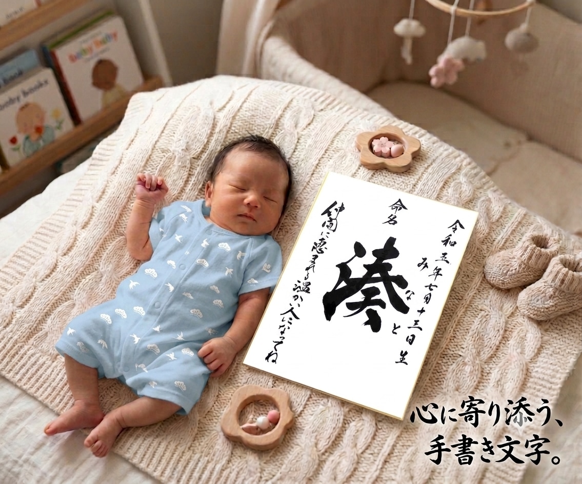 毛筆で揮毫の命名書！色紙サイズ内容自由に書けます 一生に一度の宝物!飾るだけで空間が華やぐ温もりオーダーメイド イメージ1